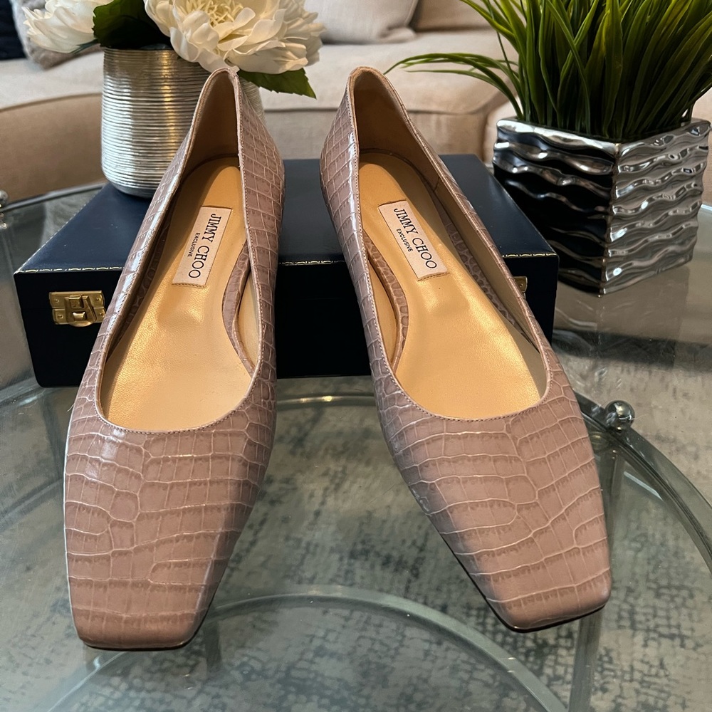 Jimmy Choo Joselyn Croc Embossed Cream Leather Flats